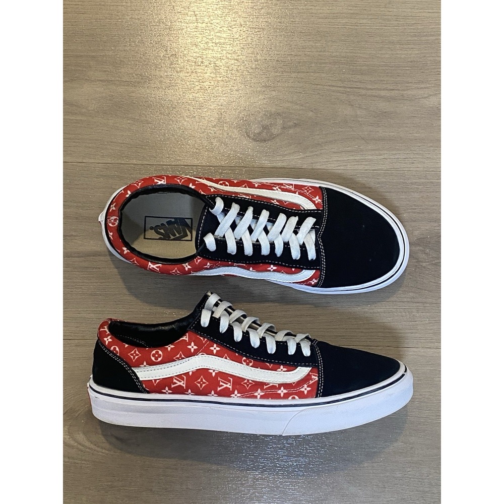 Vans Red Old Skool Red LV Pattern Custom Painted Skate Unisex Shoes M 10.5 /W 12
